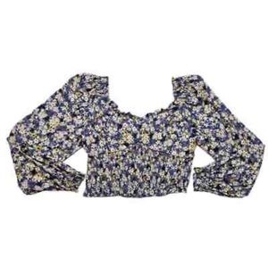 NWT Elodie Navy Floral Cropped Blouse Smocked Back Long Sleeve Women’s Small